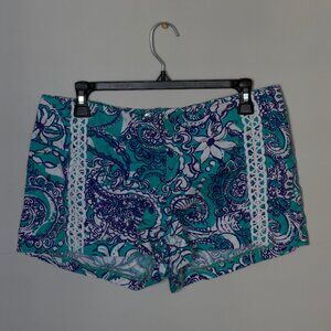 Lilly Pulitzer Montauk Liza Shorts 8 Teal Blue White Floral Paisley